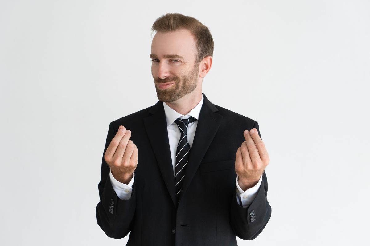 Sneaky Business Man Showing Money Gesture, Asking for Money